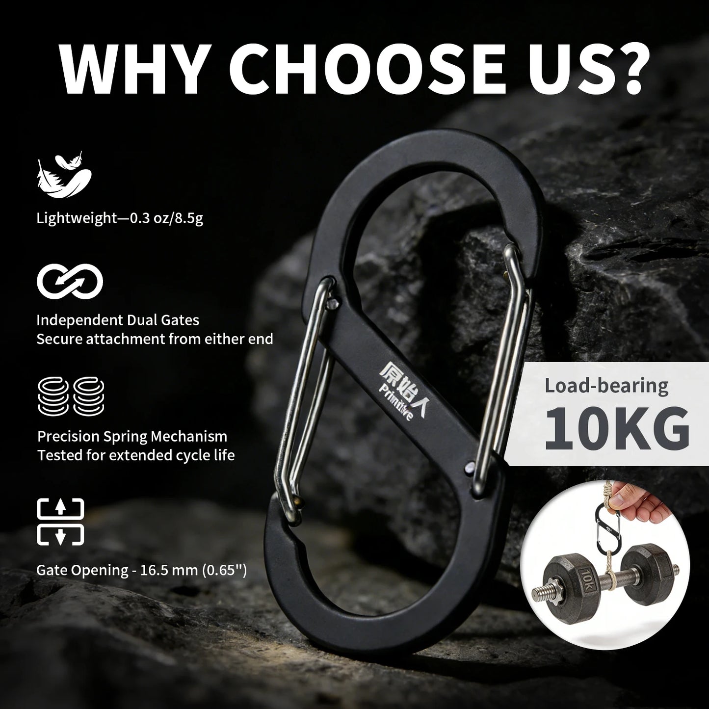 PRIMITIVE Aluminum Alloy Carabiner - Heavy Duty Dual Lock S-Biner Keychain Hook