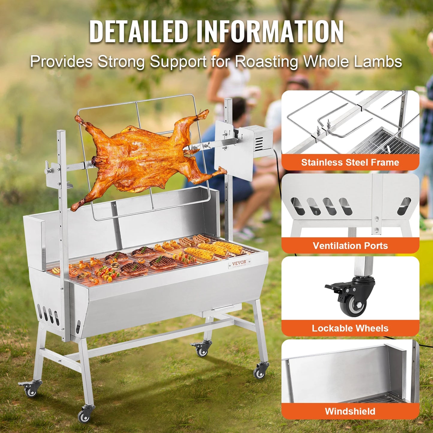 SucceBuy 35-Inch Rotisserie Grill – Electric Motor Charcoal Spit Stainless Steel Roaster with Lockable Wheels for Camping