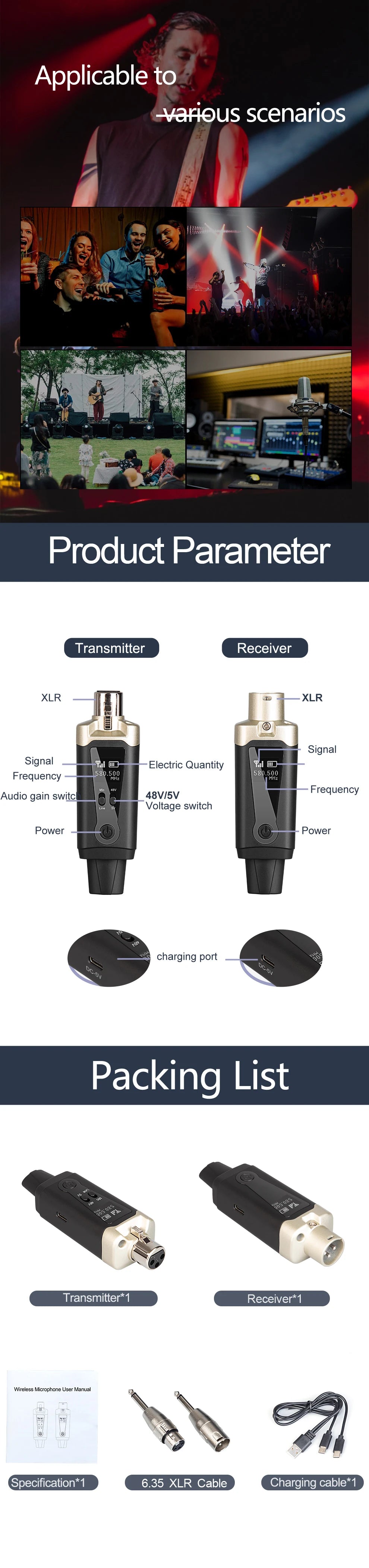 Wireless Microphone System - XLR Mic Converter Adapter with UHF Transmitter for Condenser & Dynamic Mics