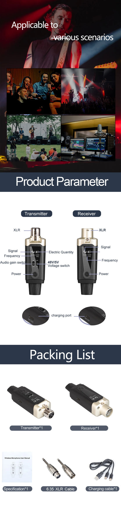 Wireless Microphone System - XLR Mic Converter Adapter with UHF Transmitter for Condenser & Dynamic Mics
