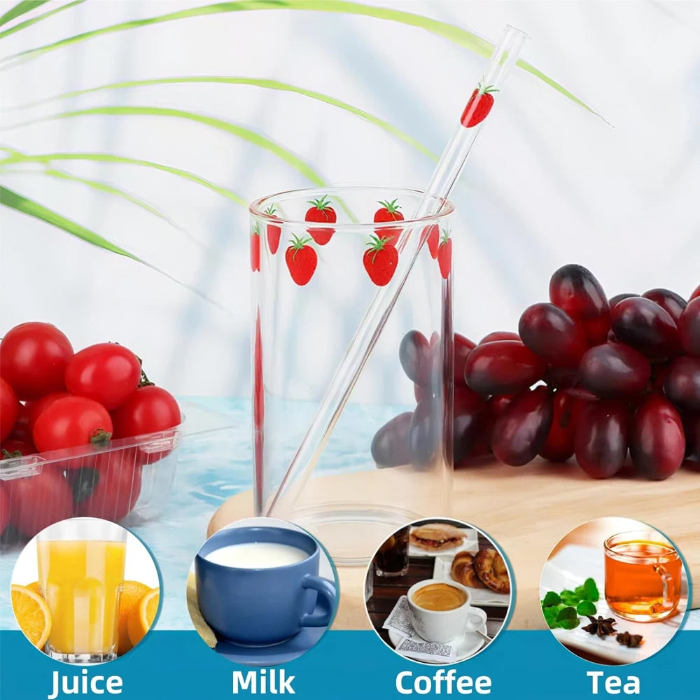 16oz Glass Juice Cup with Straw – Berry Pattern Reusable Coffee & Milk Cup, Easy Clean Drinkware for Hot & Cold Beverages (1/2PCS)