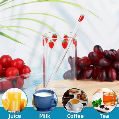 16oz Glass Juice Cup with Straw – Berry Pattern Reusable Coffee & Milk Cup, Easy Clean Drinkware for Hot & Cold Beverages (1/2PCS)