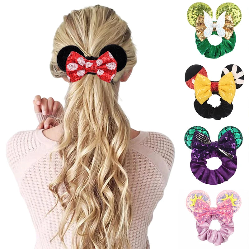 Disney Mouse Ears Velvet Scrunchies: Elastic Ponytail Holder with Sequin Bow - Perfect Hair Accessories for Women, Girls, and Kids' Parties