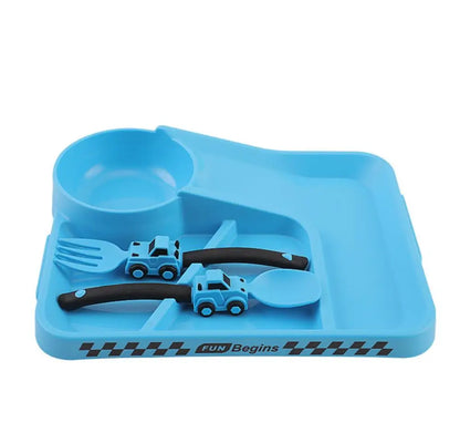 Kids Cartoon Racing Dinner Set - Baby Self Feeding Fork Spoon Plate & Divided Non-Slip Bowl Set