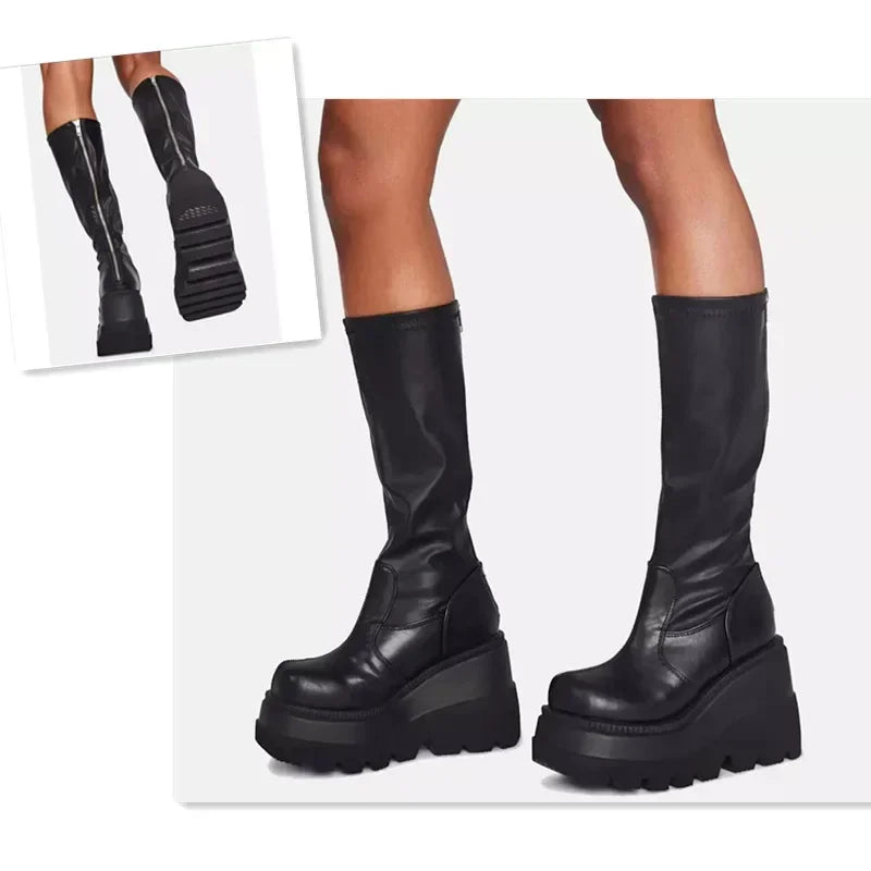 2024 Women’s Platform Mid-Calf Boots – Elastic Microfiber Chunky Heel Black Goth Spring & Autumn Shoes