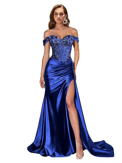 Dark Navy Off-Shoulder Prom Dress – Sweetheart Beaded Lace Evening Gown with High Side Slit, 2025 Custom