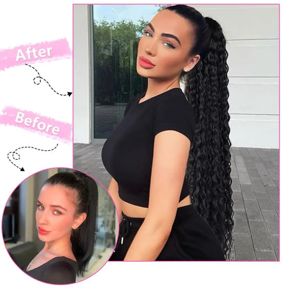 24" Long Curly Wave Drawstring Ponytail Extension – Heat Resistant Synthetic Clip-In Hairpiece for Women & Girls