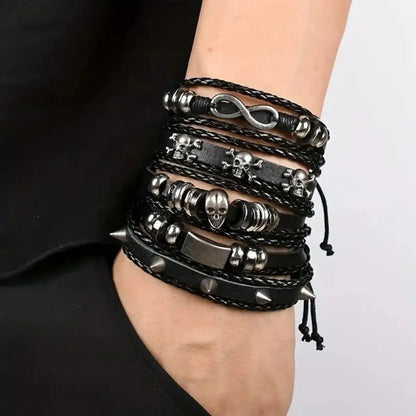 5PCS Punk Bracelet Set - DIY Braided PU Leather Beaded Metal Wristbands
