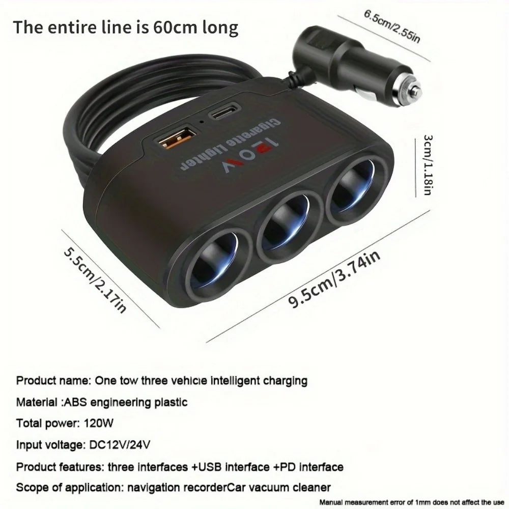 120W 3-in-1 Fast Charge Car Charger - Cigarette Lighter Power Adapter for Mobile Phones, DVR & GPS Devices