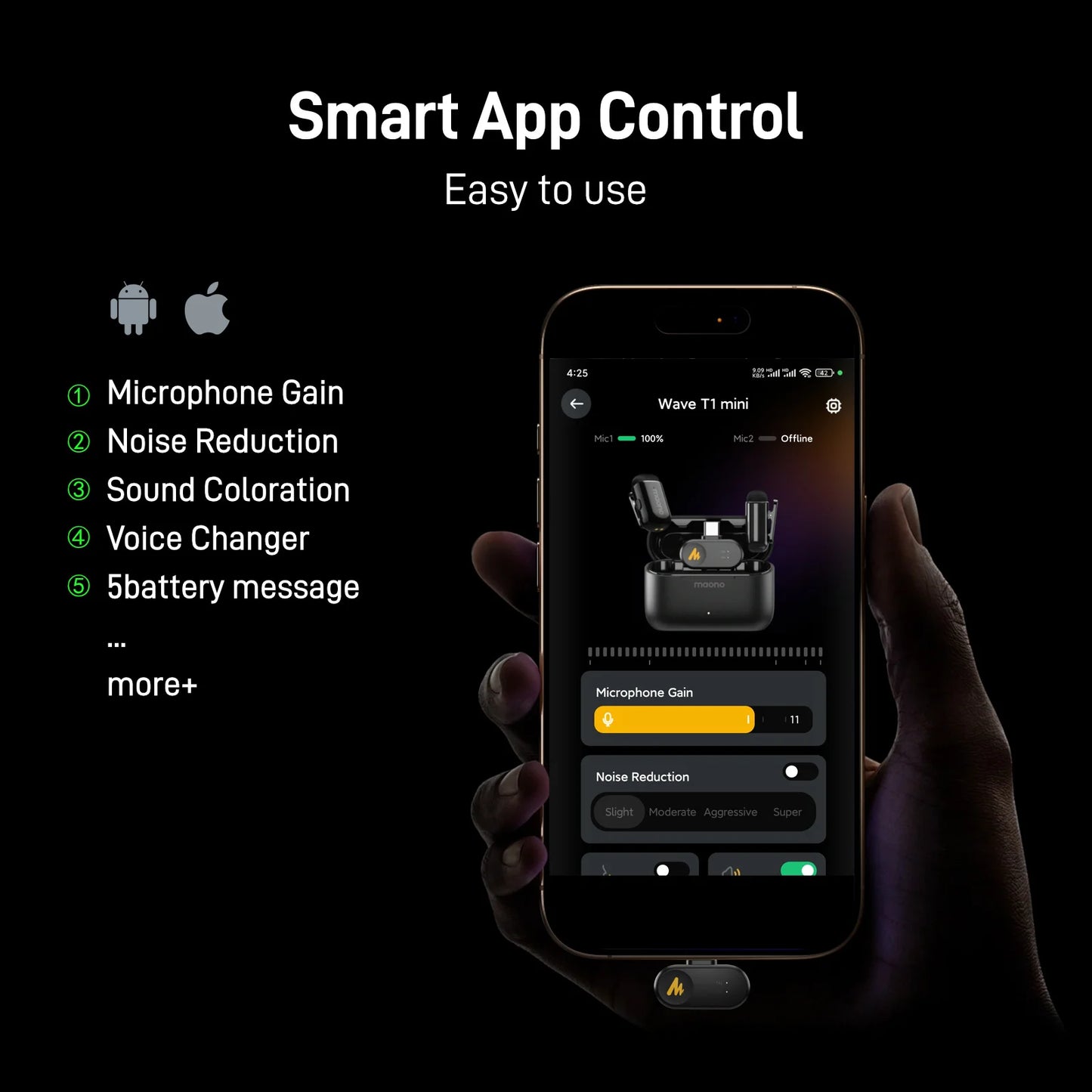 MAONO T1 Mini Wireless Lapel Microphone – Noise-Canceling Clip-On Mic for iPhone, Android, Tablet & PC Recording