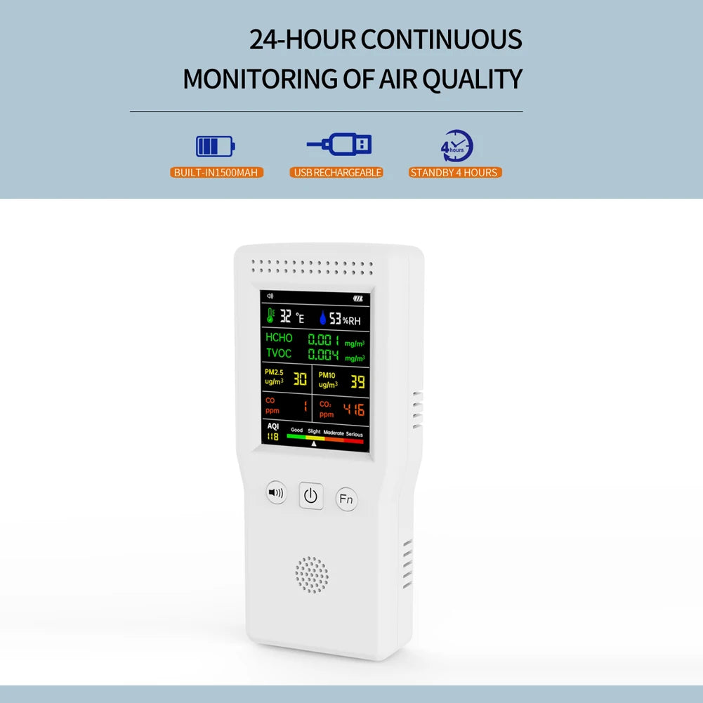 9-in-1 Air Quality Detector – Digital LCD Monitor for PM2.5, PM10, HCHO, TVOC, CO, CO2, AQI, Temperature, and Humidity