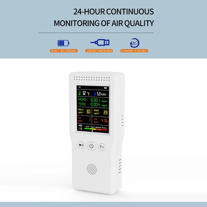 9-in-1 Air Quality Detector – Digital LCD Monitor for PM2.5, PM10, HCHO, TVOC, CO, CO2, AQI, Temperature, and Humidity