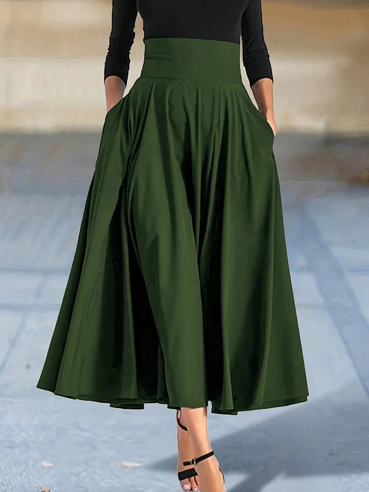 Women’s Solid Color A-Line Skirt – High Elastic Waist Long Elegant Skirt with Bow Detail Casual Fashion Skirt for Women Clothing