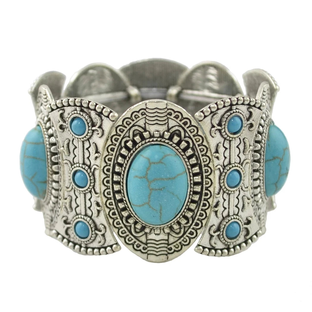 Gypsy Boho Tibetan Turquoise Bracelet for Women & Men – Vintage Elastic Ethnic Bangle Jewelry