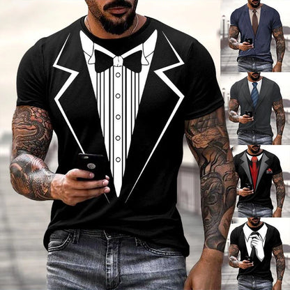 3D Fake Suit T-Shirt - Funny Tailcoat & Bow Graphic Summer Casual Tee