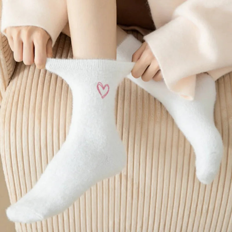Thickened Pink Mink Fur Heart Embroidered Socks — Women’s Autumn Winter Warm Plush Mid-Tube Home Sleep Socks