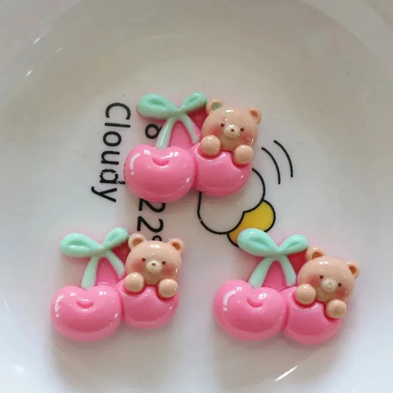 10-Piece Cute Cherry, Rabbit, and Bear Resin Embellishments - Kawaii Flatback Charms for DIY Scrapbooking, Crafts, and Home Decor