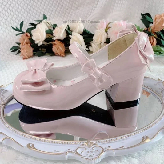2024 Lolita Style Round Toe Mary Jane Pumps – Cute Bow Midi Heels for Women, Sweet Party PU Shoes