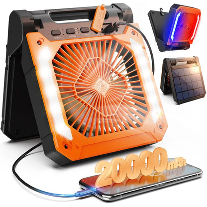 20000mAh Portable Electric Fan with LED Light — USB, Solar & Car Charging for Camping
