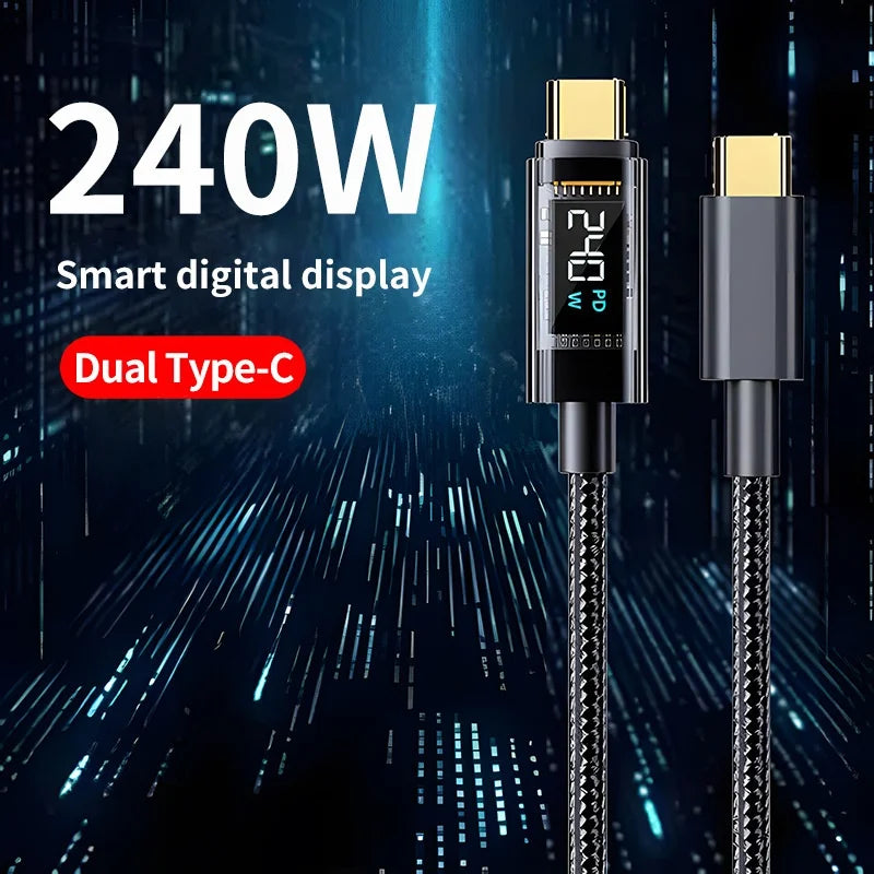 240W PD Fast Charging USB-C to USB-C Cable with 100W Digital Display – Charger for Xiaomi Huawei MacBook iPad