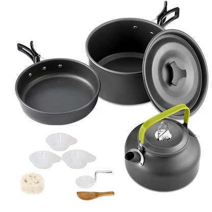 Camping Cookware Set — Non-Stick Cooking Pots, Teapot & Travel Tableware for 2-3 People, Outdoor Picnic Set
