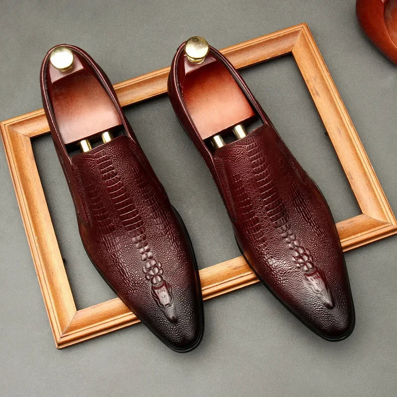 Men’s Genuine Leather Oxford Shoes - Handmade Crocodile Pattern Formal Wedding Business Dress Shoes in Black or Blue