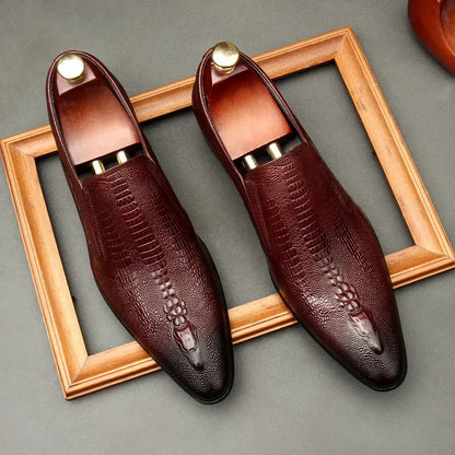 Men’s Genuine Leather Oxford Shoes - Handmade Crocodile Pattern Formal Wedding Business Dress Shoes in Black or Blue