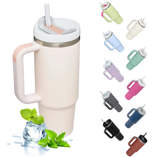 1200ml Insulated Stainless Steel Tumbler with Handle – Portable Thermal Mug for Hot & Cold Coffee with Straw