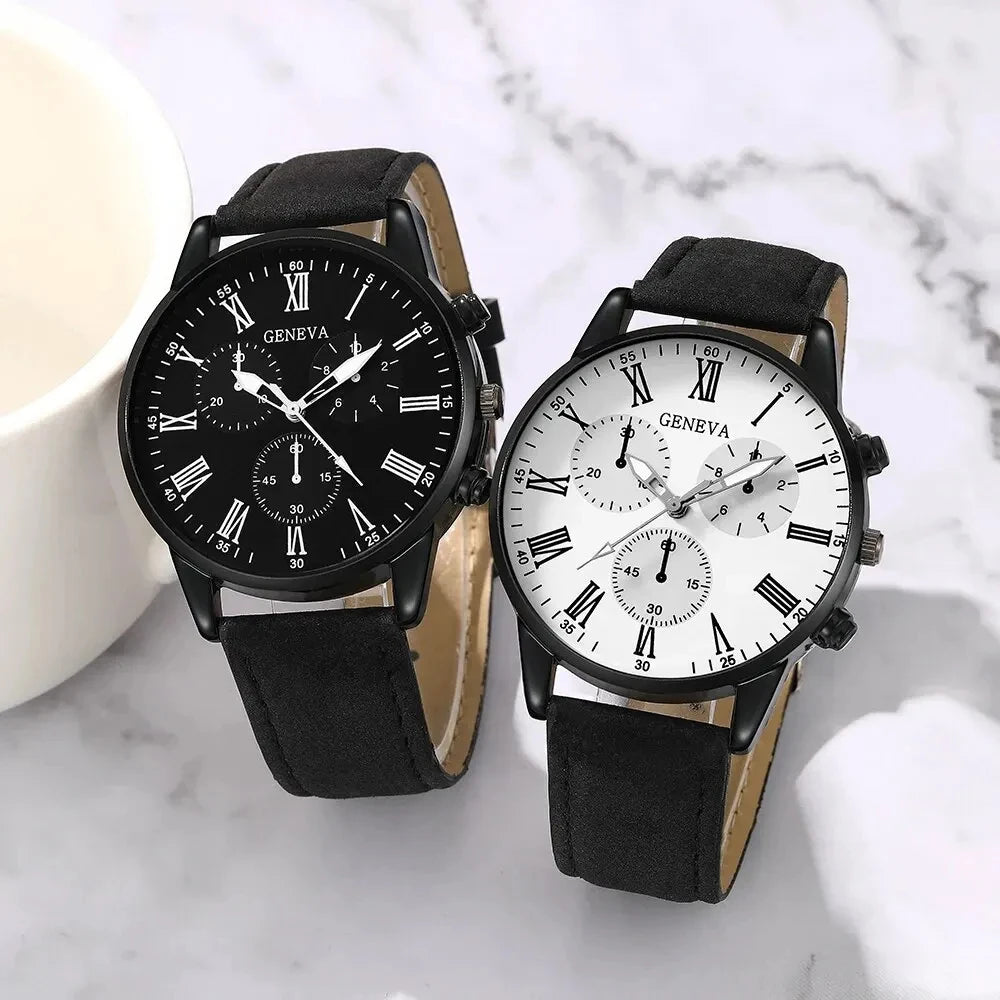 2PCS Set Couple Fashion Leather Watches – Simple Dial Quartz Wristwatches for Ladies & Men, Casual Dress Clocks