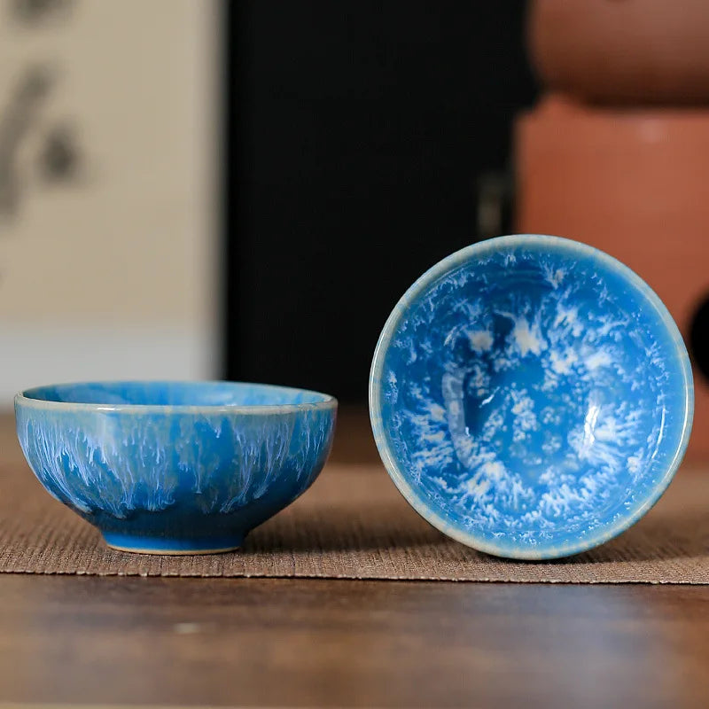 45ml Household Ceramic Teacup – Kiln Change Satin Blue Master Cup for Tea Tasting & Jianzhan Teahouse Teaware
