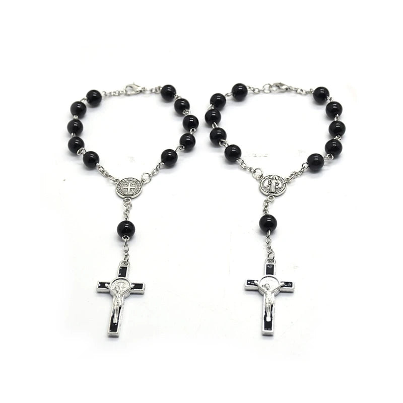 Exquisite Black Glass Rosary Cross Bracelet – Catholic Prayer Bead Jewelry, Religious Wrist Rosary for Faith & Spiritual Devotion