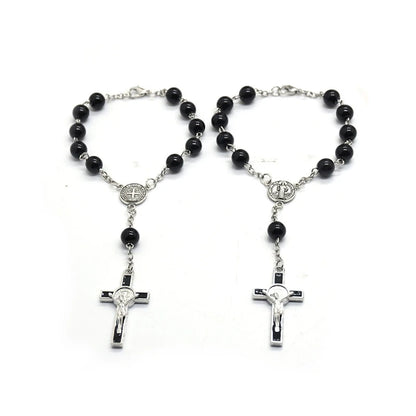 Exquisite Black Glass Rosary Cross Bracelet – Catholic Prayer Bead Jewelry, Religious Wrist Rosary for Faith & Spiritual Devotion