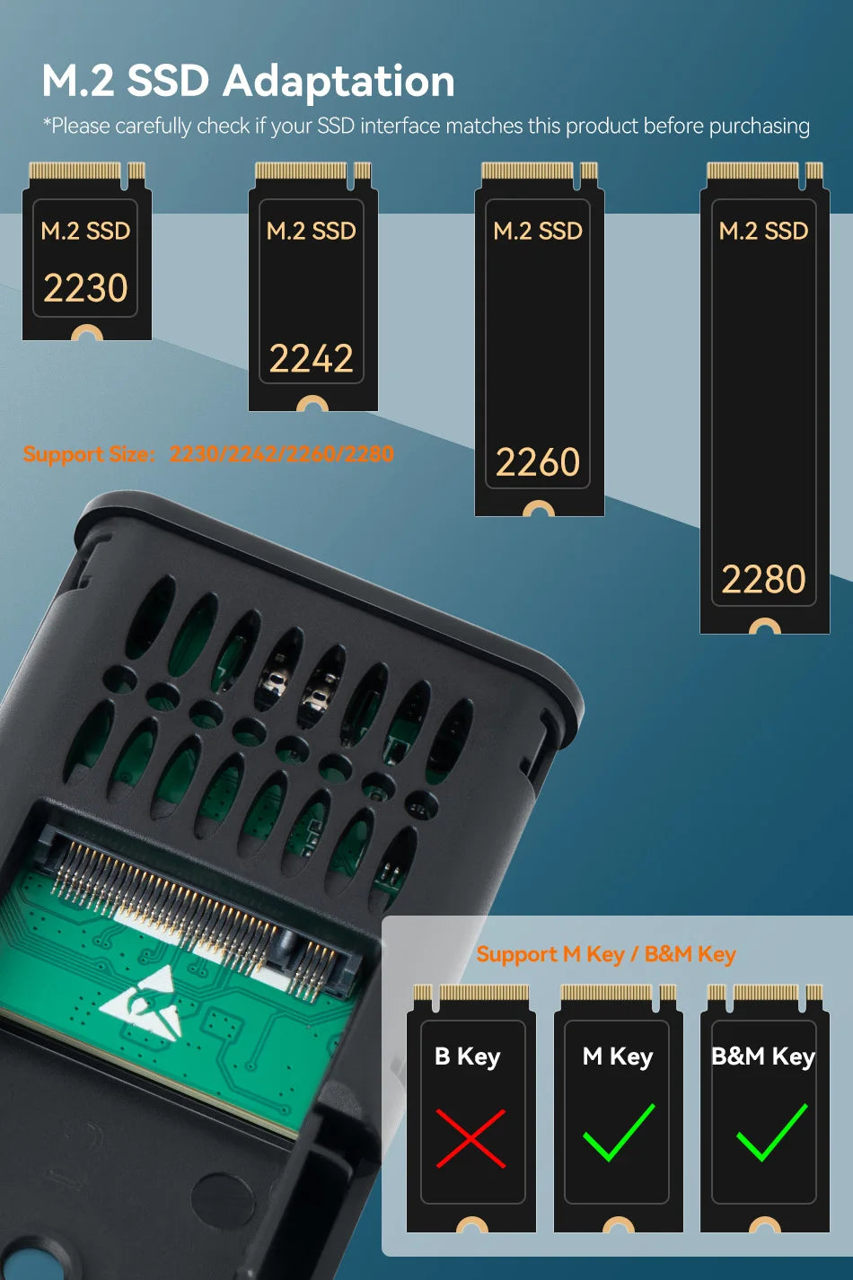 UnionSine 20Gbps M.2 PCIe SSD Case – Dual Protocol M.2 to USB Type-C 3.1 Adapter for NVMe, NGFF, and SATA SSD