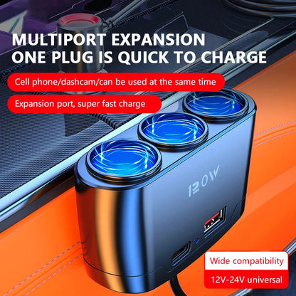 12V/24V Car Charging Adapter - 1-to-3 Power Splitter with USB and PD Fast Charging for Universal Vehicles