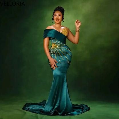 African Emerald Green Off-Shoulder Mermaid Evening Dress – Gold Beaded Bodycon Party Gown Plus Size Formal Wedding Dress