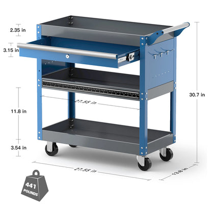 AIRAJ 3-Tier Rolling Tool Cart on Wheels - 440 lbs Capacity Storage for Garage & Warehouse, Available in Blue/Black/Red