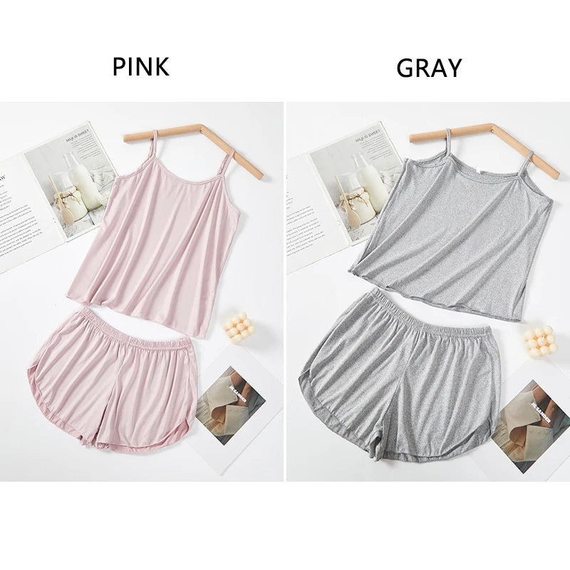 Women’s Summer Pajama Set – Pink & Gray Camisole with Shorts, Soft Nightwear XL XXL