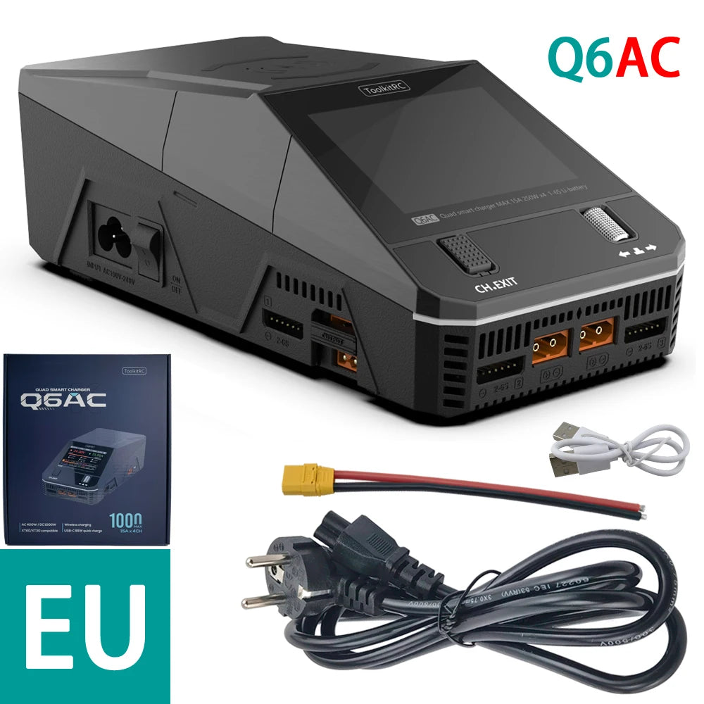 ToolkitRC Q6AC Charger — AC 400W/DC 1000W 4CH with USB A/Type-C, LiPo 1-6S, NiMH 1-16S, PB 1-10S, IPS Display