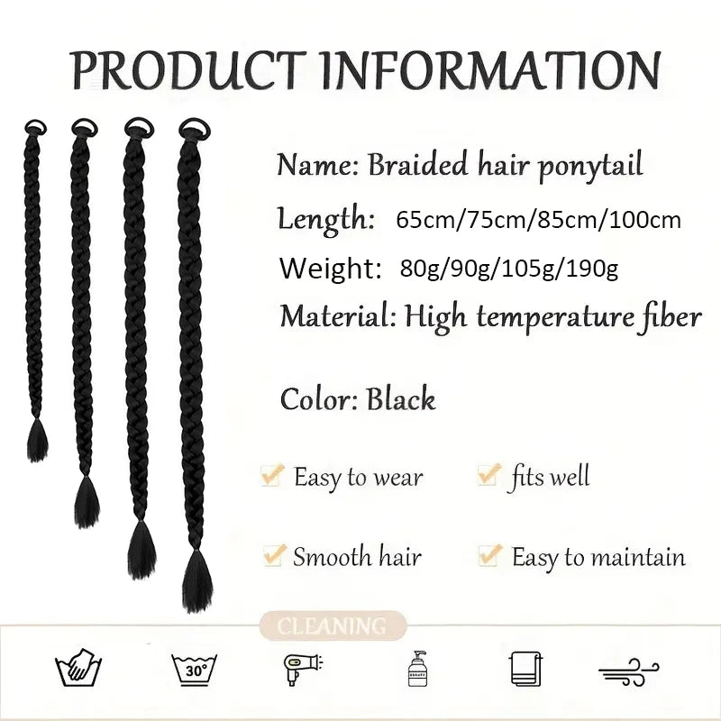 Women’s Long Box Braid Ponytail Extension - Synthetic Straight Braided Hairpiece with Clip-In Elastic Band for Daily Style