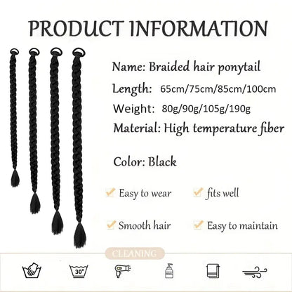 Women’s Long Box Braid Ponytail Extension - Synthetic Straight Braided Hairpiece with Clip-In Elastic Band for Daily Style
