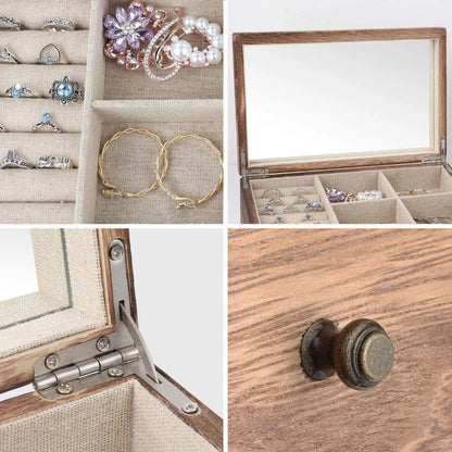 Vintage Solid Wood Jewelry Box – Two-Layer Necklace & Earring Display with Mirror