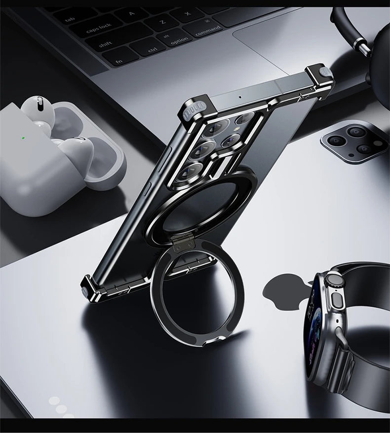 Magnetic Metal Phone Case for Samsung Galaxy S24/S23 Ultra – Aluminum Alloy Frameless Bumper with Finger Ring