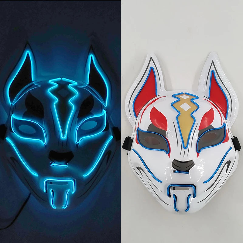 Glowing LED Fox Mask – Neon Japanese Anime-Inspired Samurai Cosplay Mask for Halloween, Christmas & Costume Parties