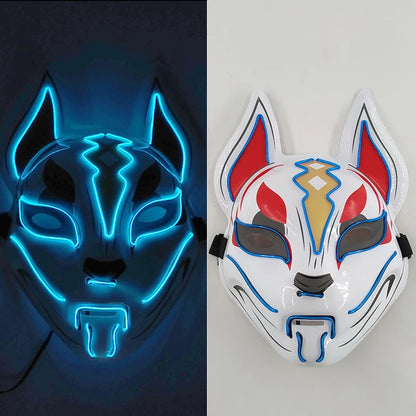 Glowing LED Fox Mask – Neon Japanese Anime-Inspired Samurai Cosplay Mask for Halloween, Christmas & Costume Parties