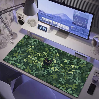 Kawaii Black Cat XXL Mouse Pad — Green Plants Anime Desk Mat for PC Gaming & Keyboard Accessories