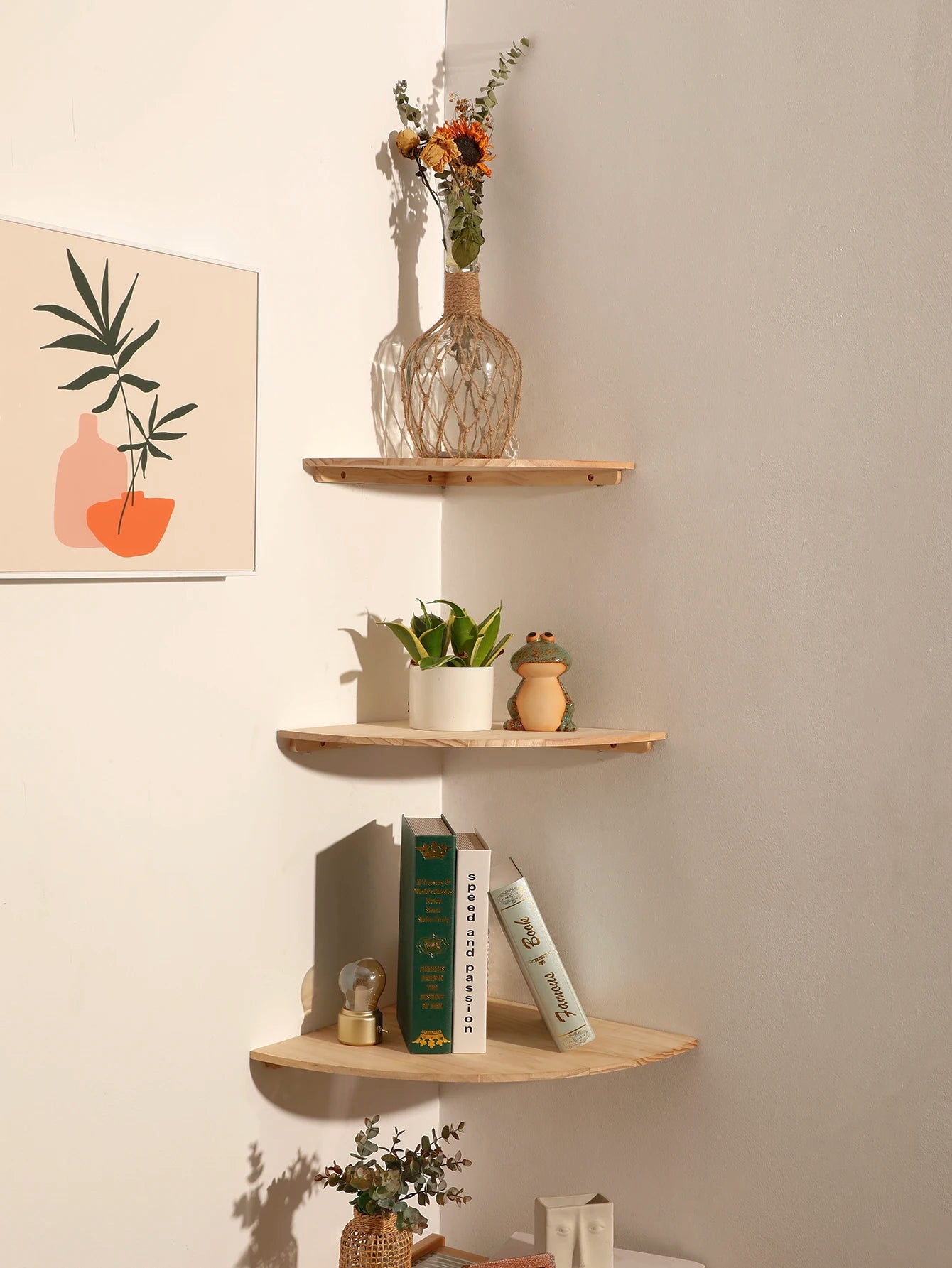 Wooden Floating Corner Wall Shelf – Round End, Wall-Mounted for Bedroom, Living Room & Kitchen