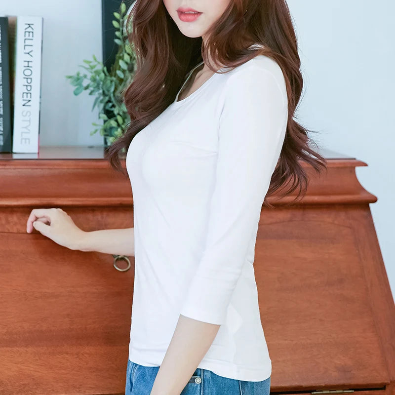 3/4 Sleeve Women’s Cotton T-Shirt - Slim Fit O Neck Casual Spring Summer Top, Stretch Base Shirt in White & Black