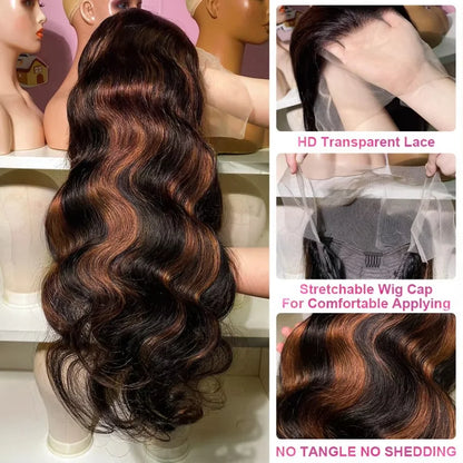 30 Inch Brazilian Body Wave Highlight Ombre Wig – 13x4 Lace Front, 1B/30 Black Brown Human Hair Wig for Women