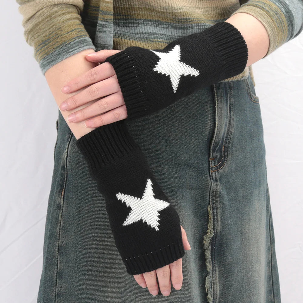 Black & White Women’s Knitted Fingerless Gloves – Warm Autumn/Winter Half Gloves for Girls