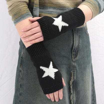 Black & White Women’s Knitted Fingerless Gloves – Warm Autumn/Winter Half Gloves for Girls